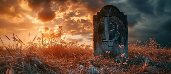 Bitcoin logo on tombstone in grass against dramatic sky. - obrazy, fototapety, plakaty