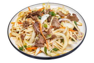 Vietnamese cuisine and food, udon noodles with vegetables and beef on a plate, on a white isolated background