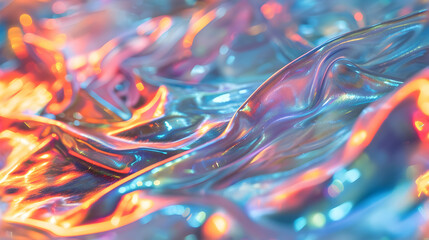 Obraz premium A vibrant and colorful textured background of iridescent, undulating fabric with shades of blue, pink, and orange