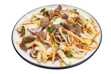 Vietnamese cuisine and food, udon noodles with vegetables and beef on a plate, on a white isolated background