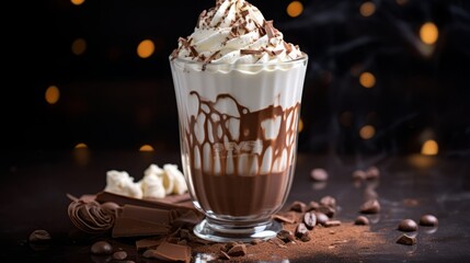 Comforting shots of a steaming glass of hot chocolate topped with whipped cream and chocolate shavings