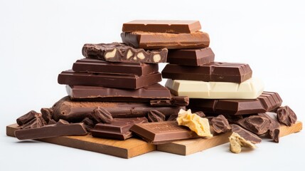 Composition of gourmet chocolate bars in various flavors and textures, emphasizing the craft of chocolate making, 