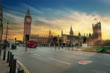 Big Ben, the Houses of Parliament and Westminster bridge in London, United Kingdom.	