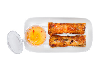 Vietnamese cuisine and food fried nem with sauce on a plate on a white isolated background