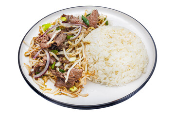 Vietnamese cuisine and food white rice with fried beef on a plate on a white isolated background
