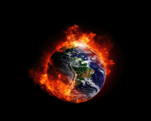 Earth among flames. Burning the planet. Ecological crisis concept. 