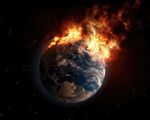 Earth on fire in space. 