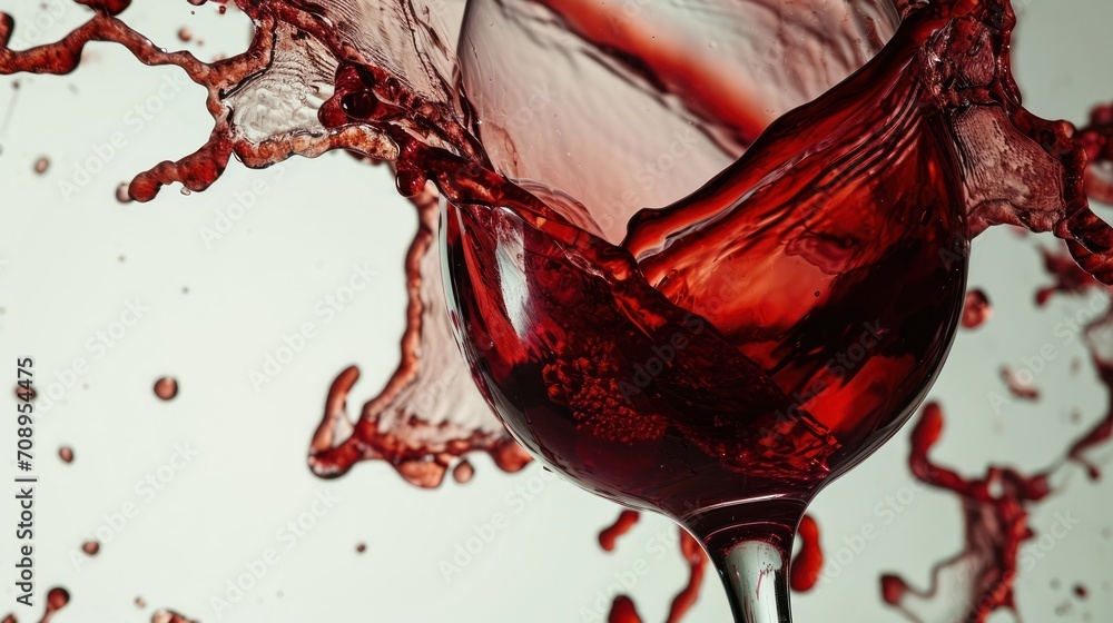 Poster a close up of a wine glass with a liquid splashing out of the top and bottom of the glass to the bot