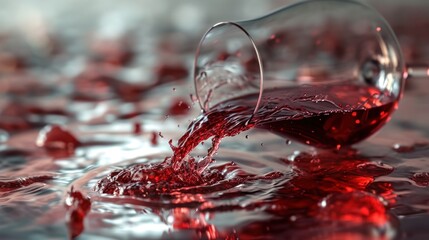  a glass of red wine is being poured into a wine glass with a red liquid splashing out of it on a surface of water that appears to the floor. - obrazy, fototapety, plakaty