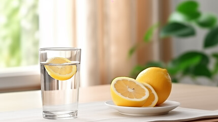 Fototapeta premium Warm water with a slice of lemon on kithen table at morning light. Healty drink. 