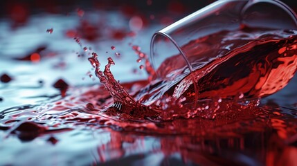  a red liquid pouring out of a cup into a body of water with drops of water on the bottom of the cup and on the bottom of the cup is a black surface. - obrazy, fototapety, plakaty