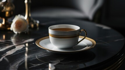  a cup of tea sitting on top of a black table next to a gold trimmed saucer and a golden trimming on the edge of the saucer.