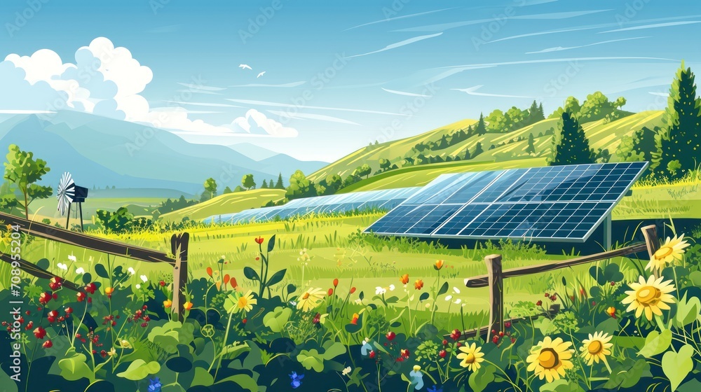 Poster a painting of a field with a fence and a solar panel in the middle of the field, with wildflowers in