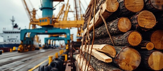 Shipping timber in and out of Wicklow commercial port in Ireland for the transport industry. Close-up of wood logs being loaded onto a cargo ship. - obrazy, fototapety, plakaty
