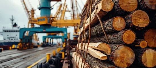Foto op Canvas Shipping timber in and out of Wicklow commercial port in Ireland for the transport industry. Close-up of wood logs being loaded onto a cargo ship. © AkuAku