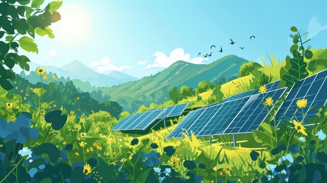  a painting of two solar panels in a field of wildflowers and a mountain range in the background with birds flying in the sky and birds in the foreground.