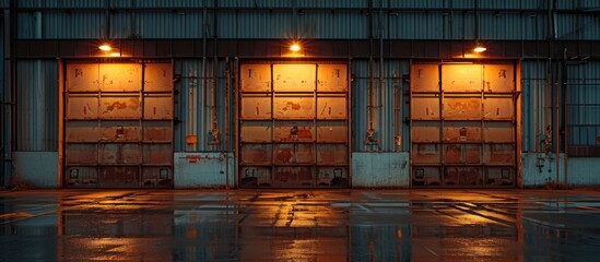 Evening fire doors in warehouse.