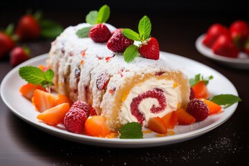 Sponge cake roll with cream, strawberries and orange fruits on a white plate on wooded table background. Perfect exposure and bright image