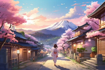 AI generated Japanese anime Spring scenery with Sakura flowers