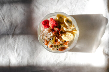 Strawberry breakfast Sin full of bowl. Cereal yogurt and crispy fruit