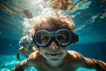 Naklejka premium underwater child looking at camera underwater diving