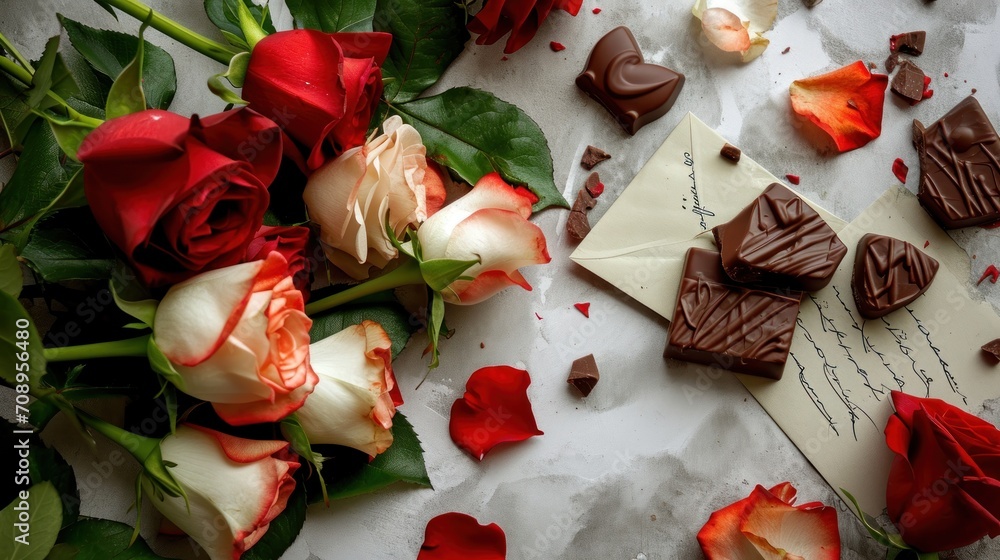 Poster a table topped with roses and chocolates next to a piece of paper with a note on it and a bunch of c