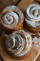 Happy easter. Traditional Easter cake , homemade kraffin with raisins,candied fruits. Selective focus. Close up of homemade Cruffin.