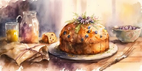 Festive still life with traditional Easter baked goods. Watercolor.