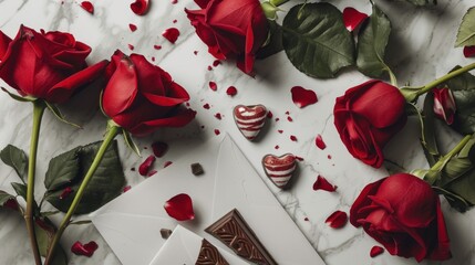  a couple of red roses sitting on top of a table next to a piece of cake and a piece of chocolate on top of a piece of paper with a heart on it.
