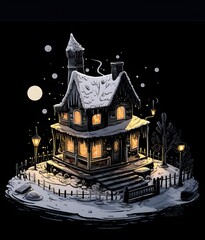 Halloween night house with candy decoration, jack-o-lanterns. on black background