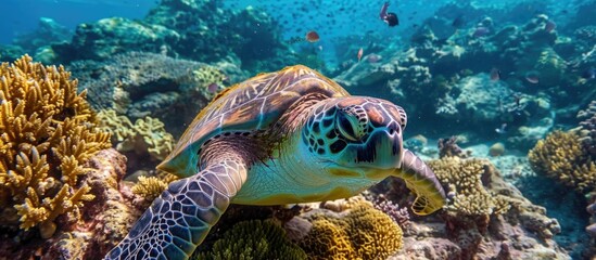 Green sea turtle on coral reef in closeup.