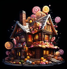 Halloween night house with candy decoration, jack-o-lanterns. on black background