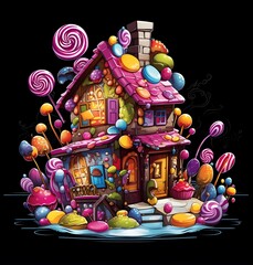 Halloween night house with candy decoration, jack-o-lanterns. on black background
