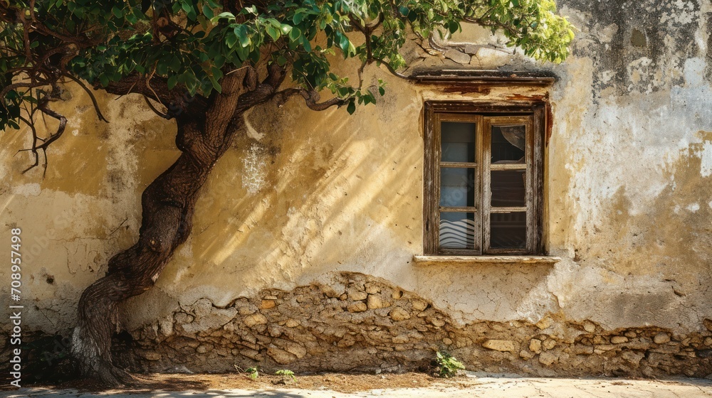 Poster a stone wall with a tree next to it and a window on one side of the wall and a window on the other s