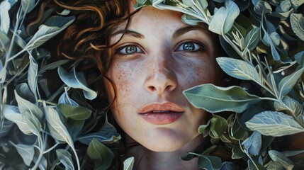  a painting of a woman with freckled hair and freckled eyes peeking out from the leaves of a bush, with a blue - eyed, freckled face, freckled, freckled, freckled, freckled, freckled, fr.