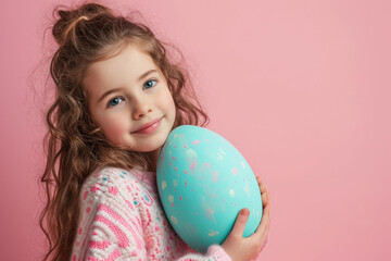 Fototapeta na wymiar Sweet Young Girl Embracing a Blue Speckled Easter Egg On a Pink Background. Copy Space