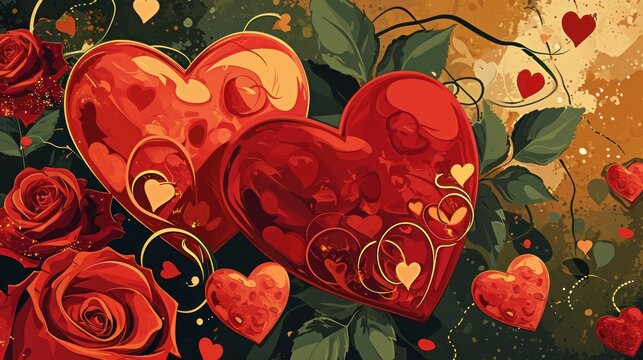 a painting of two red hearts surrounded by red roses and green leaves on a yellow and red background with red hearts on the left side of the image, and.