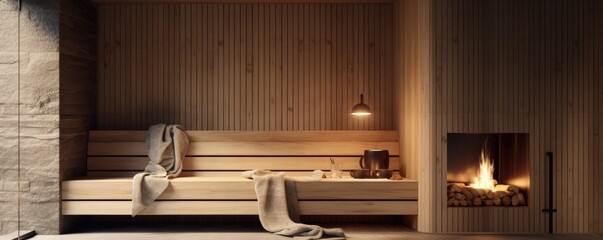 Finnish sauna, classic wooden sauna with hot steam. Spa relax complex. Generative ai