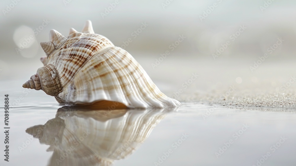 Aufkleber a close up of a seashell on a wet surface with a reflection of the ocean in the water and a blurry b