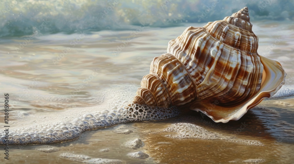 Poster a close up of a sea shell on the sand of a beach with a wave coming in and a wave coming in from the