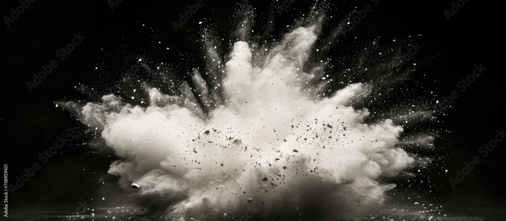 Poster Unusual white powder explosion against dark backdrop with dust particles splashing.