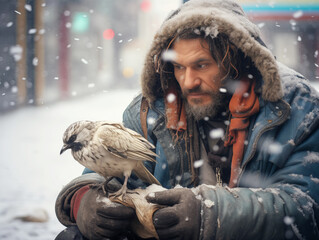 An unfortunate homeless man sits on the ground outside in winter with a sad look on his face. A frozen bird sits on the man's hand and warms itself. The concept of mercy, compassion and help.