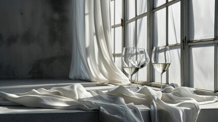  a couple of wine glasses sitting on top of a window sill next to a white cloth on a window sill next to a pair of wine glasses on a window sill.