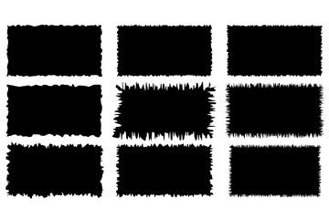 Rough rectangle paper shape with torn jagged frame. Rip grunge border strip for banner label. Tear collage cardboard text boarder with zigzag line. Tattered black scrap craft headline set.