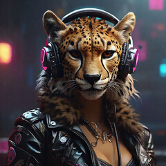 Cyberpunk Cheetah in Leather and Headphones by Alex Petruk APe ai generated - obrazy, fototapety, plakaty