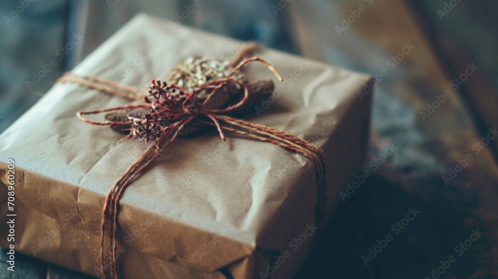 Poster a gift wrapped in brown paper and tied with a twine of twine and tied with twine of twine and tied w