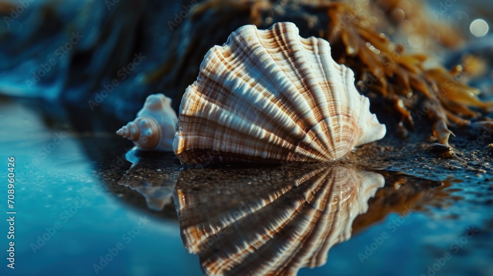 Aufkleber a close up of a seashell on a wet surface with a reflection of the seaweed in the water on the other
