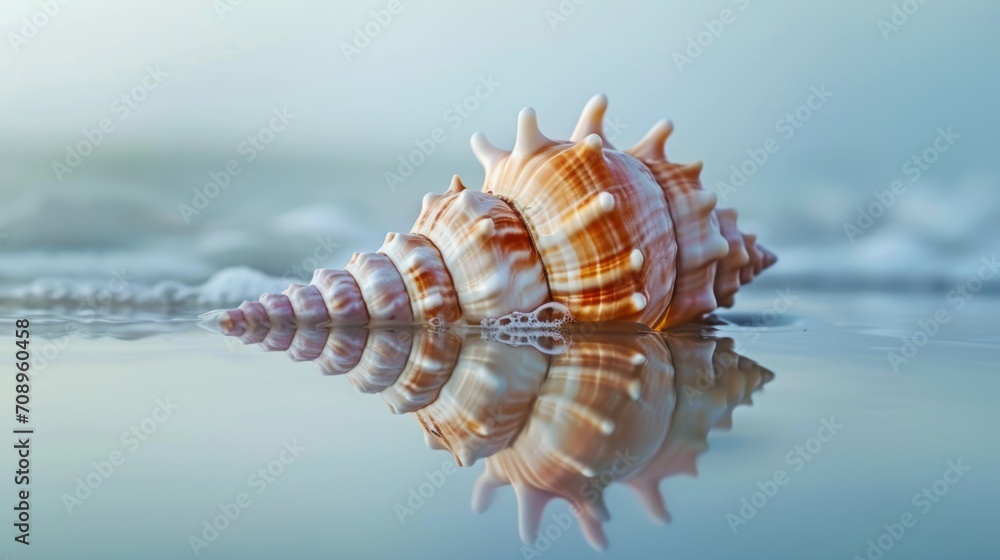 Poster a close up of a sea shell on a body of water with a reflection of it on the surface of the water and