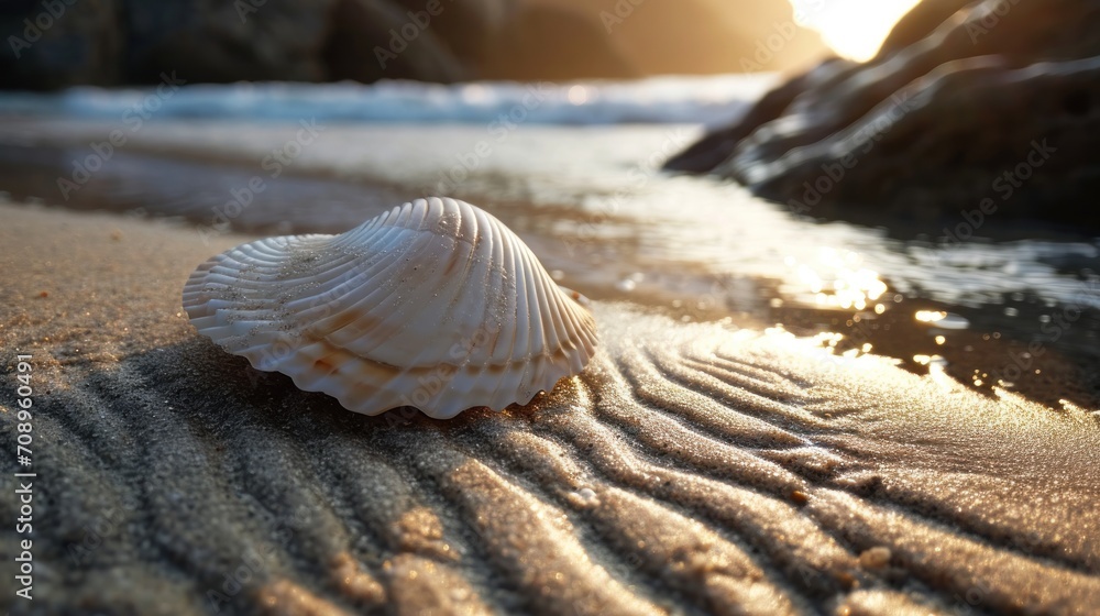 Poster a close up of a shell on a beach with the sun shining through the rocks in the background and the oc
