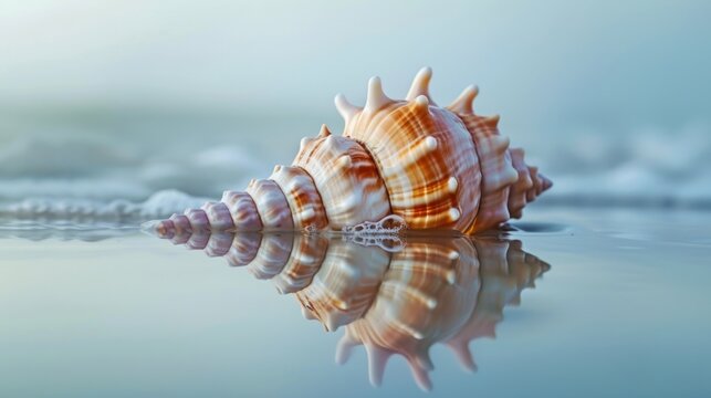  a close up of a sea shell on a body of water with a reflection of it on the surface of the water and in the background is a blue sky.